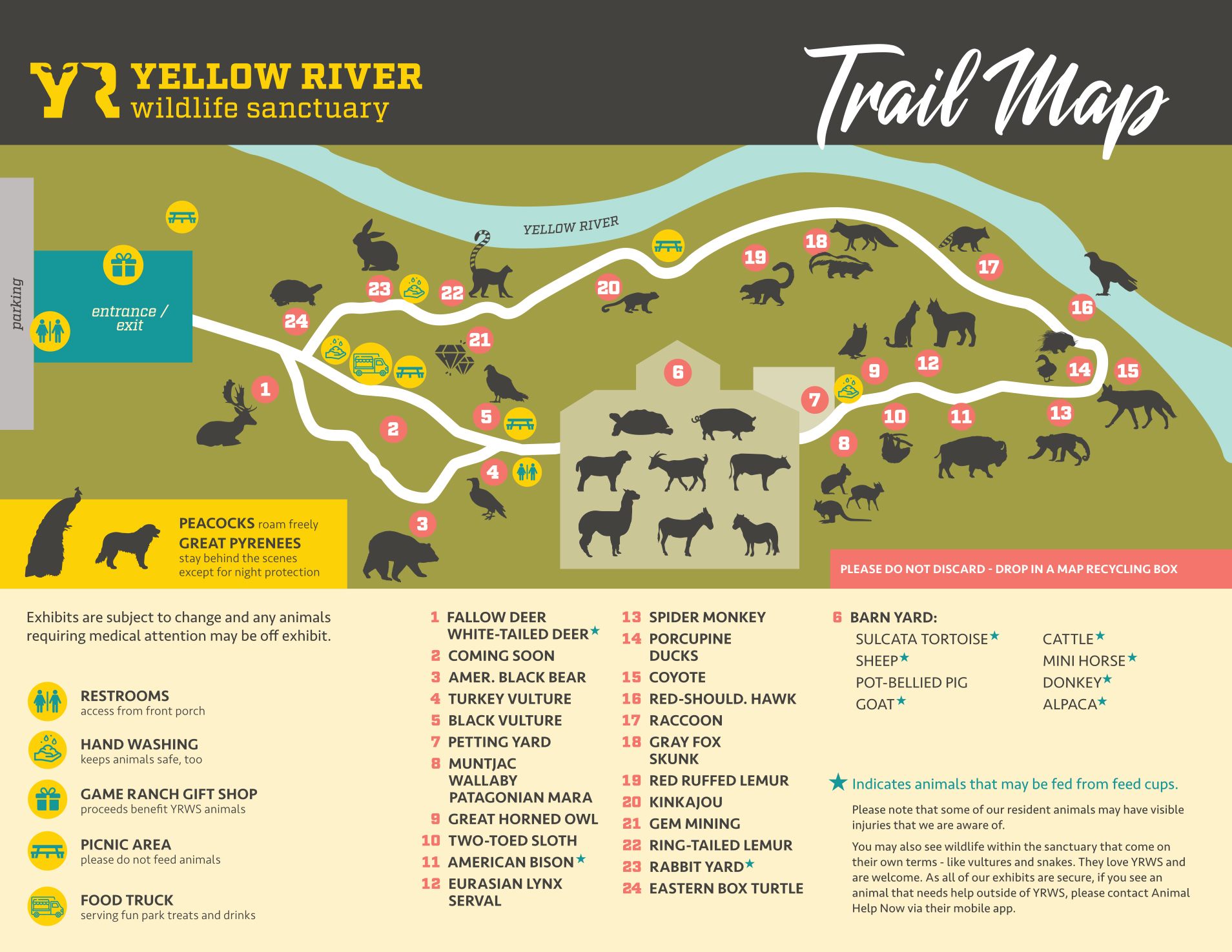 Map of animals at Yellow River Wildlife Sanctuary in Lilburn, Gwinnett County, Georgia