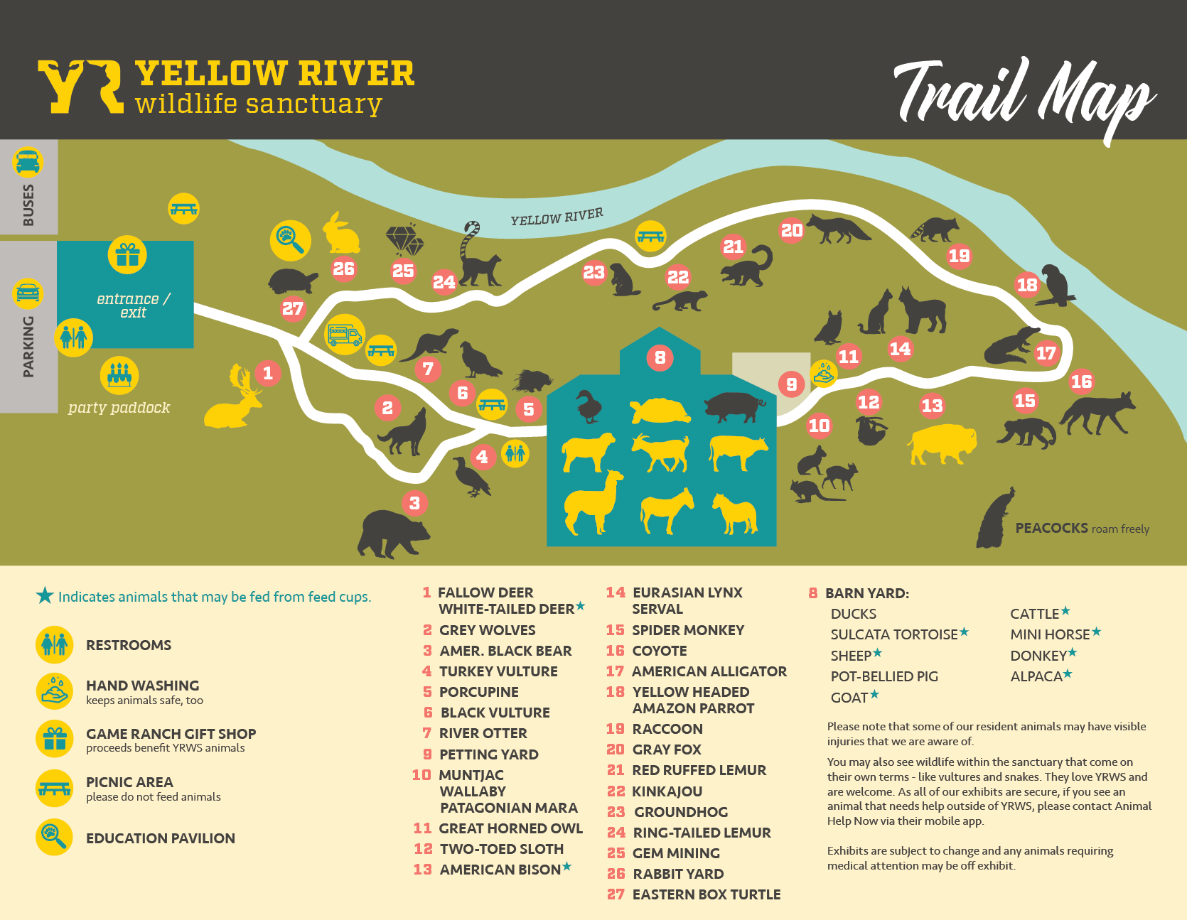 Trail map of exhibits at Yellow River Wildlife Sanctuary